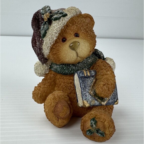 Cherished Teddies Christmas Bear Figurine Reading Book Glitter Santa Hat Holiday - Picture 1 of 9